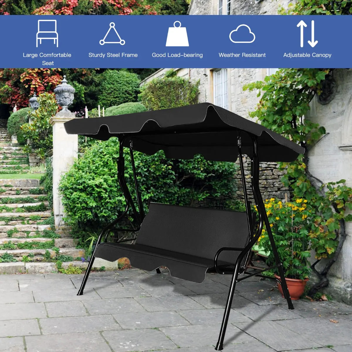 NNECW 3 Seat Outdoor Patio Swing Chair with Adjustable Canopy for Backyard/Balcony NNECW