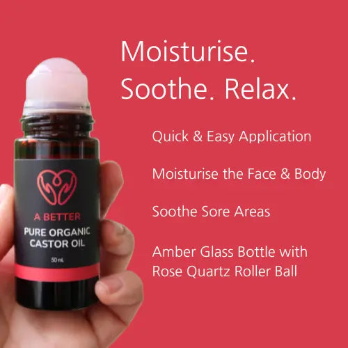 Pure Organic Castor Oil Roll-On 50mL - Amber Glass Bottle Rose Quartz Roller A Better