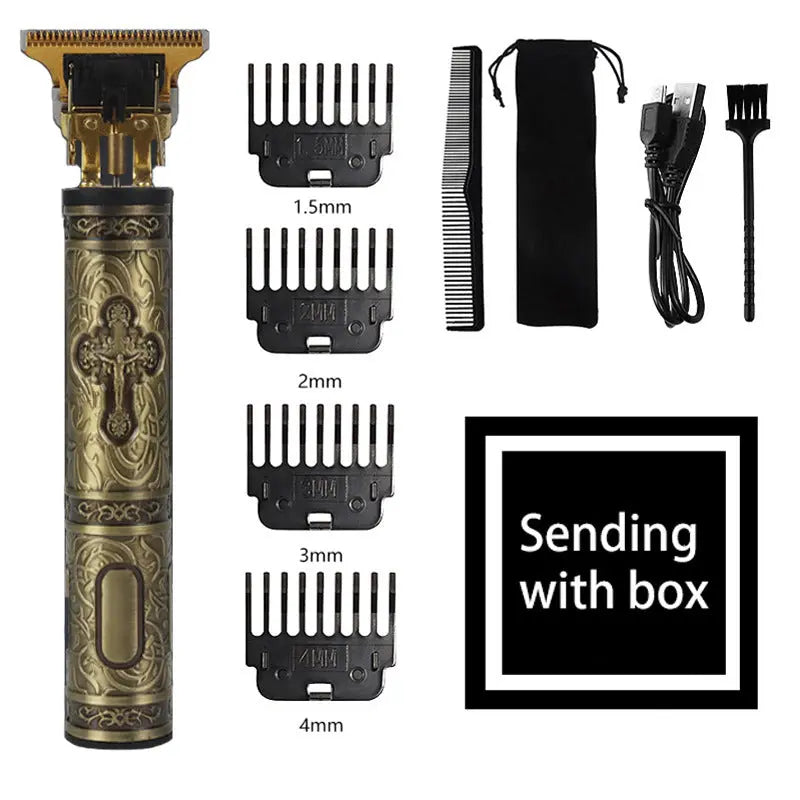 NNEDSZ Gold Vintage-Style Cordless Hair Trimmer with Precision Attachments - Rechargeable with USB, Comb, and Storage Bag NNEDSZ